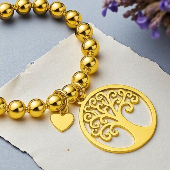 ποΈ24K Gold Plated Chunky Beaded Bracelet | Tree of Life & Heart Charm ππ³β¨ - Picture 6 of 13